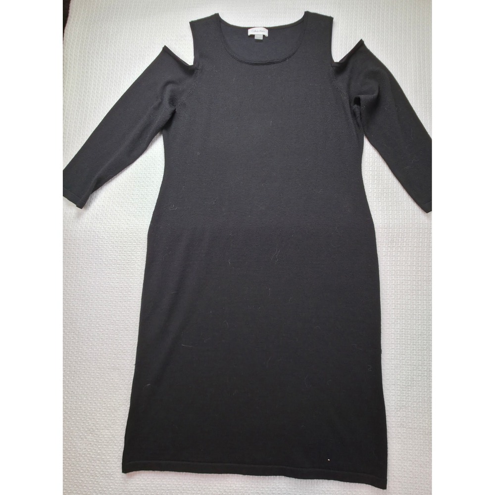 Calvin Klein Cold Shoulder Knit Dress Womens L Black‎ Long Sleeve Midi EUC